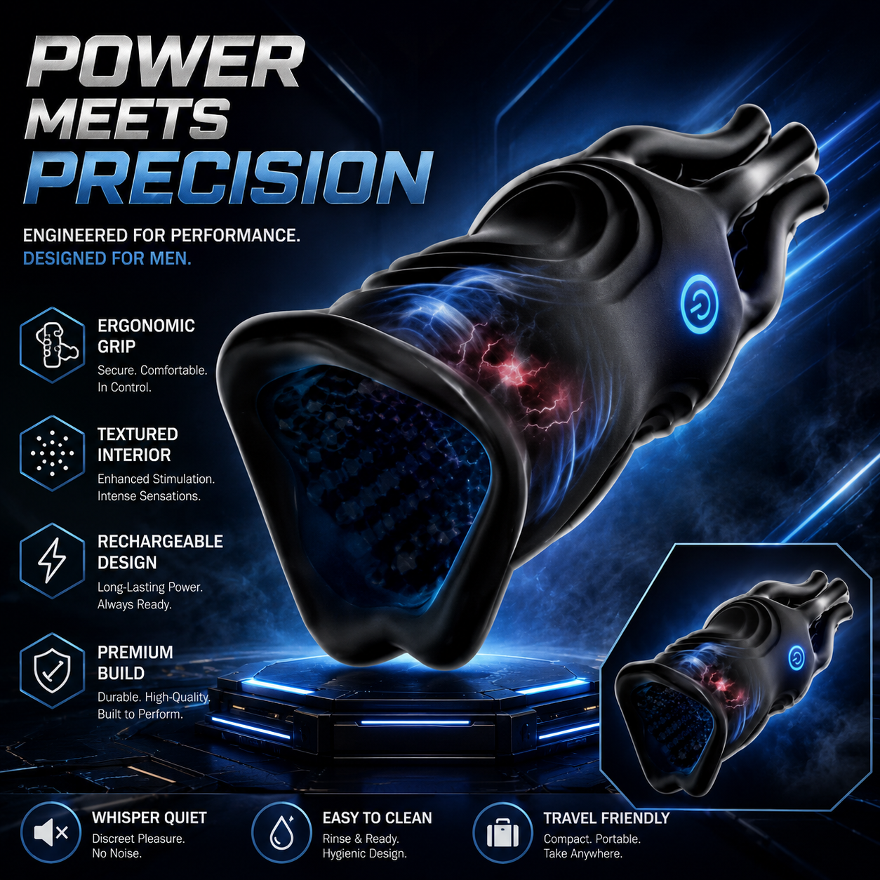 Rechargeable Male Masturbator with 360° Stimulation, Realistic Soft Sleeve, Textured Interior & Powerful Vibration Modes for Men